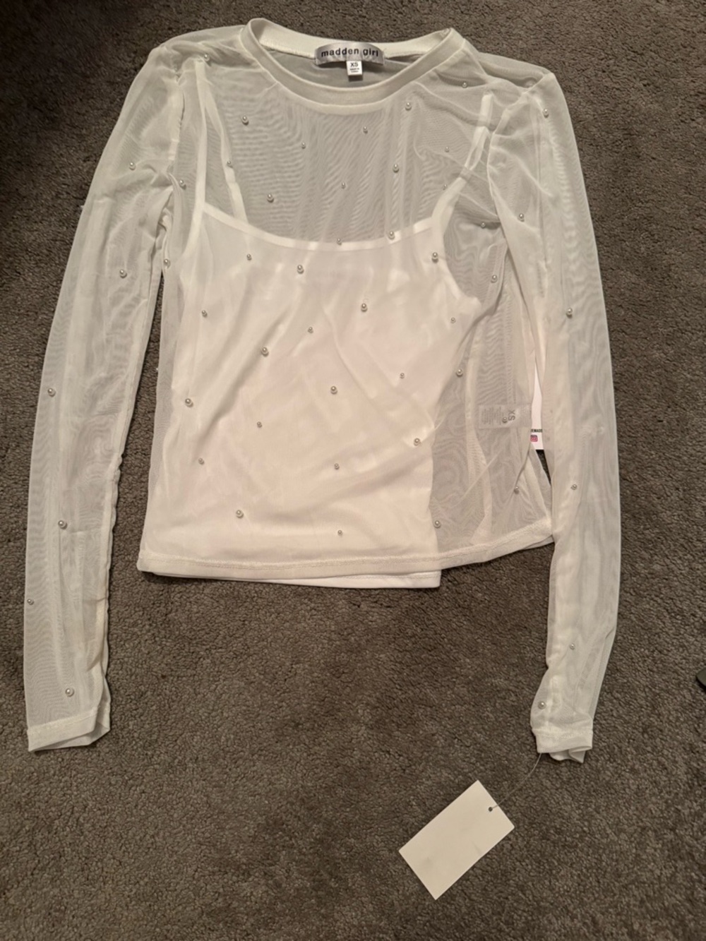 Madden Girl White Sheer Mesh Long-Sleeve Top with Attached White Tank